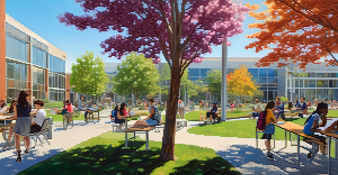 A lively campus in Redwood City with diverse students working together at a picnic table amidst greenery and modern buildings.