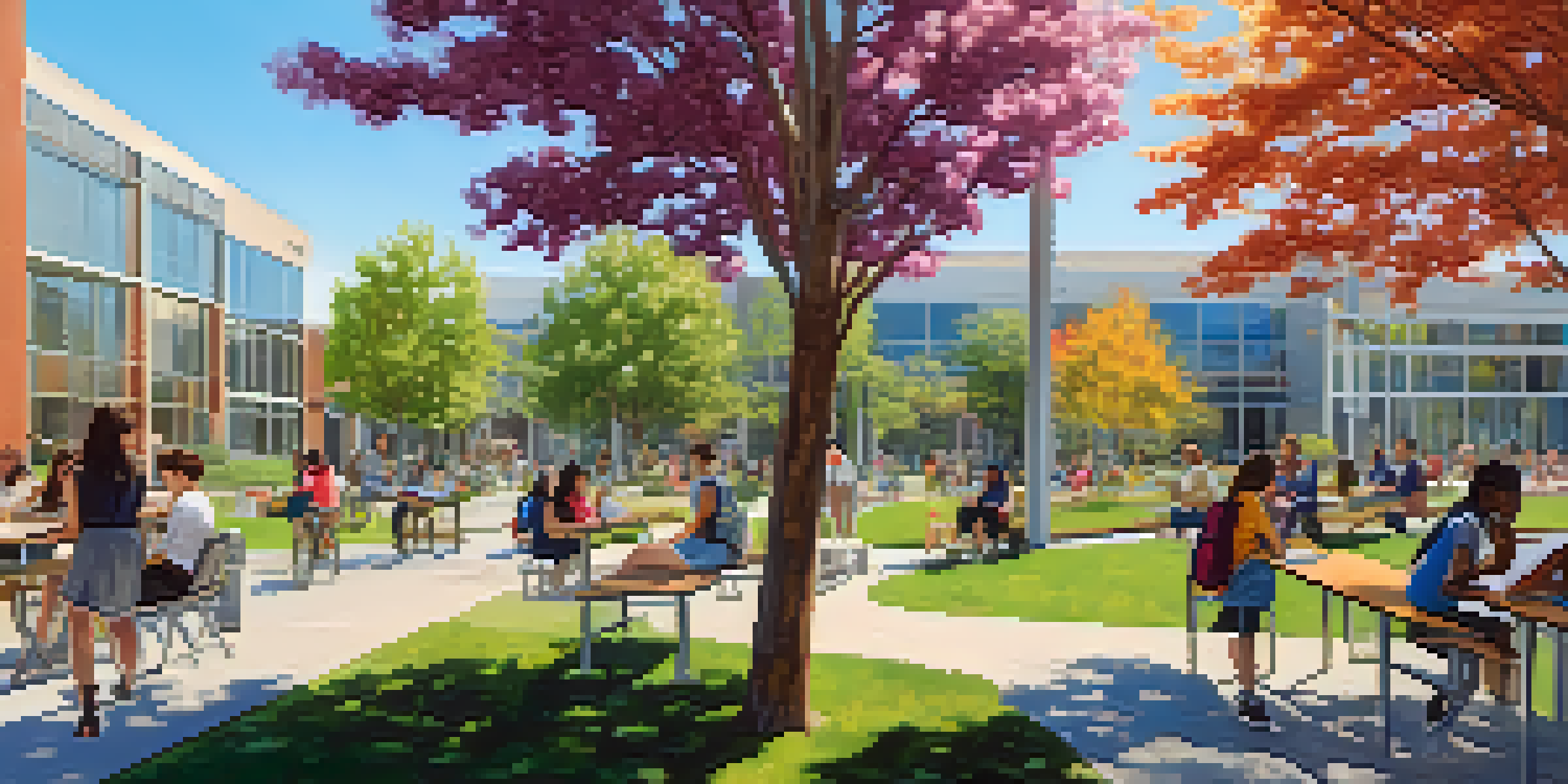 A lively campus in Redwood City with diverse students working together at a picnic table amidst greenery and modern buildings.