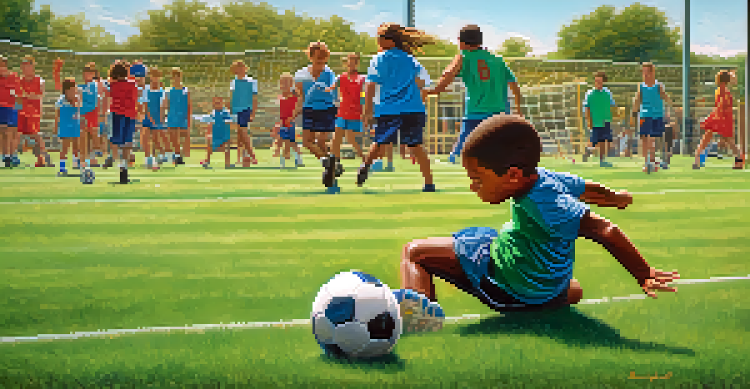 A young soccer player practicing on a green field with determination, surrounded by cheering spectators in the background.