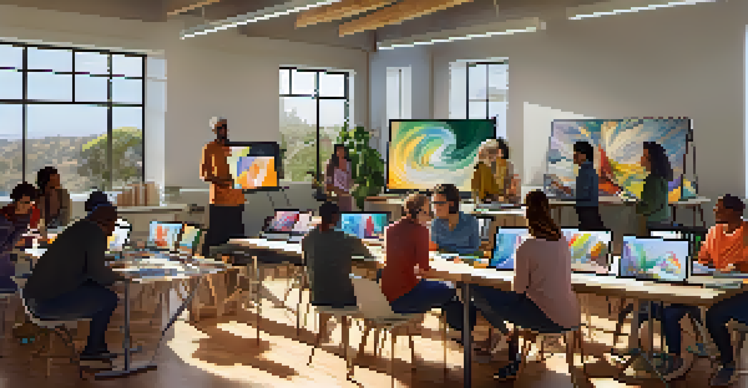 A digital art workshop in a bright room with participants creating art on devices, guided by an instructor, and surrounded by colorful artworks.