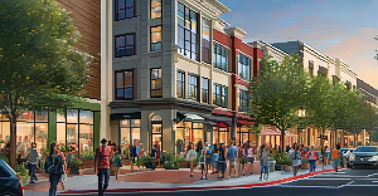 A mixed-use urban area with residential buildings, shops, and cafes, featuring green roofs and busy pedestrians.