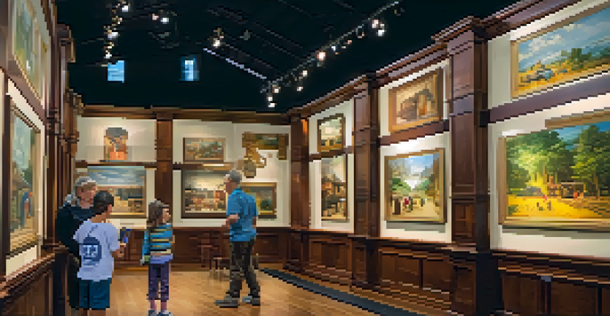 A family engages with interactive exhibits in a history museum, with children using touch screens and parents observing in a brightly lit room filled with colorful displays.