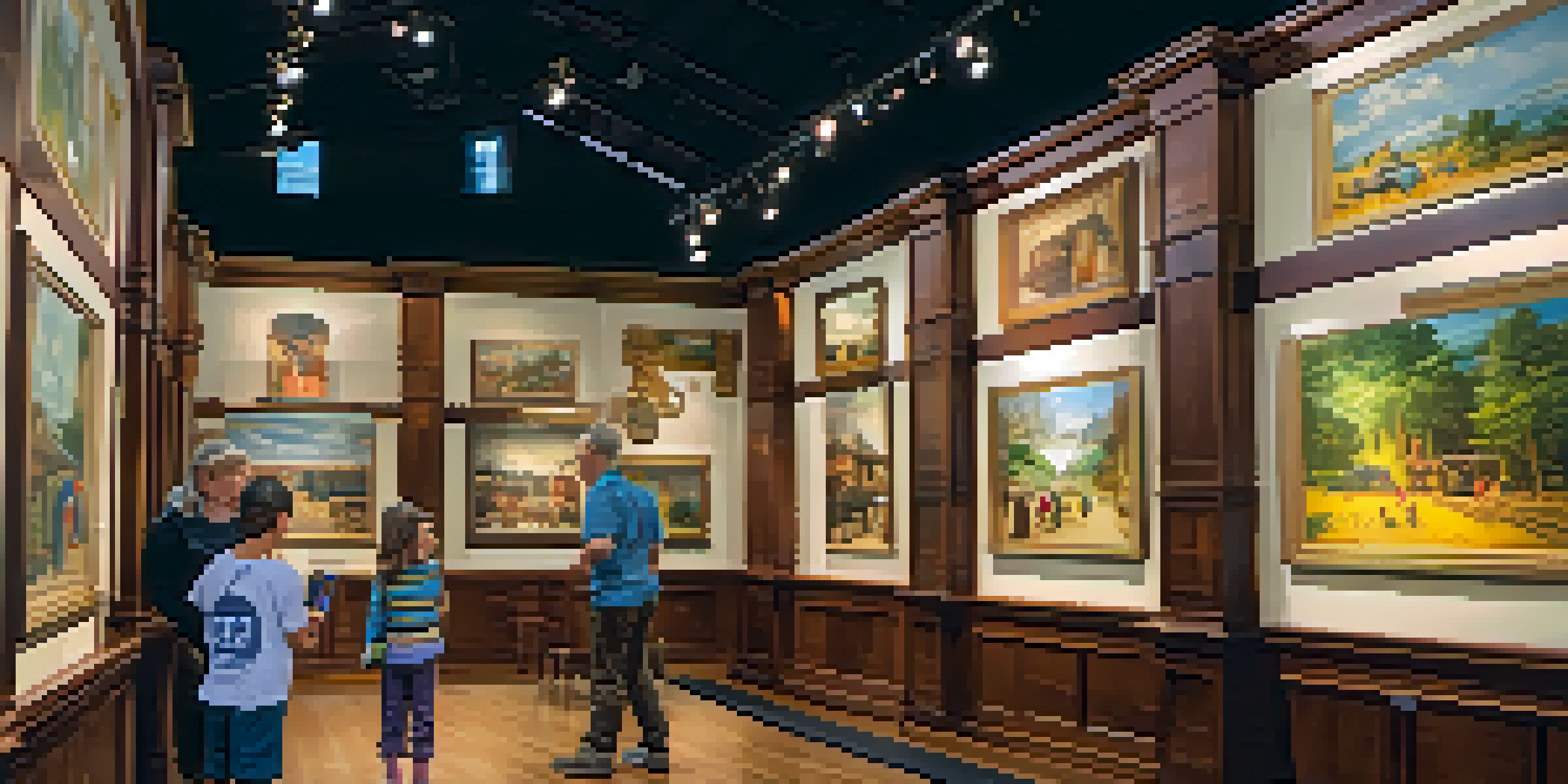 A family engages with interactive exhibits in a history museum, with children using touch screens and parents observing in a brightly lit room filled with colorful displays.