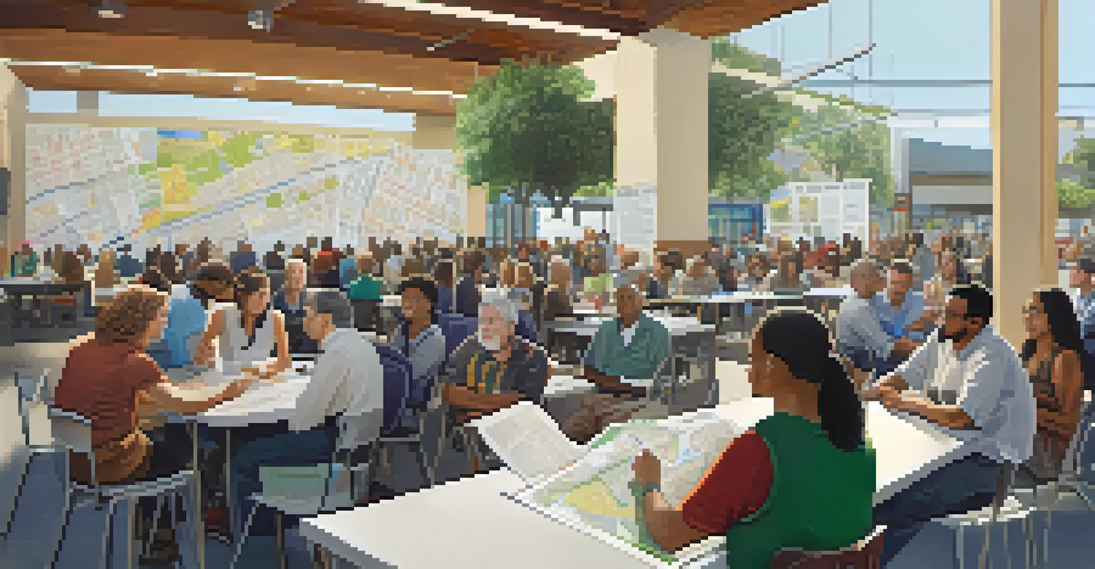 A diverse group of residents in a community meeting, discussing urban planning with maps and posters in a well-lit public space.