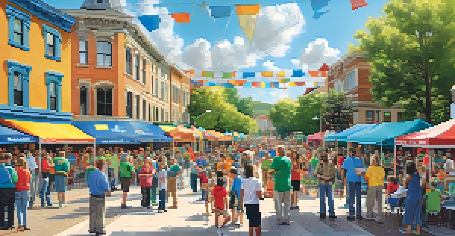 CERT volunteers hosting a community event in a town square, with colorful banners and booths, engaging families and distributing preparedness materials.