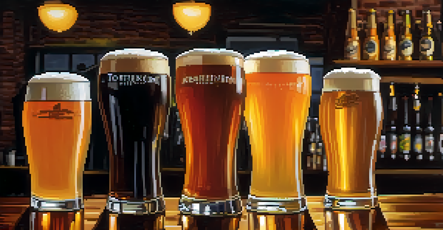 A flight of craft beers displayed on a wooden table, highlighting different styles and colors of beer in a cozy brewery setting.