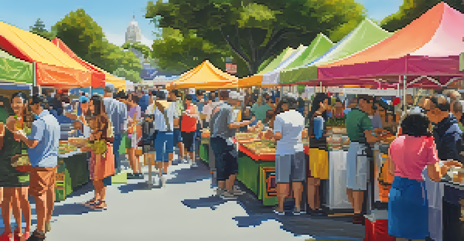 An international food festival with various food stalls and attendees sampling dishes from different cultures.