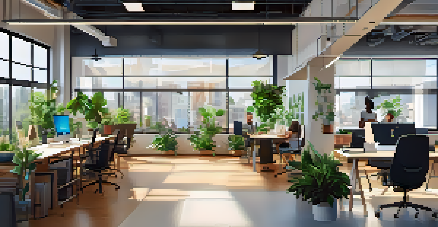 A modern startup incubator workspace with entrepreneurs collaborating and working on laptops in a bright and airy setting.