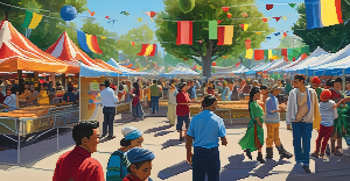 A lively cultural festival featuring diverse attendees enjoying food and traditional dances in a decorated park.
