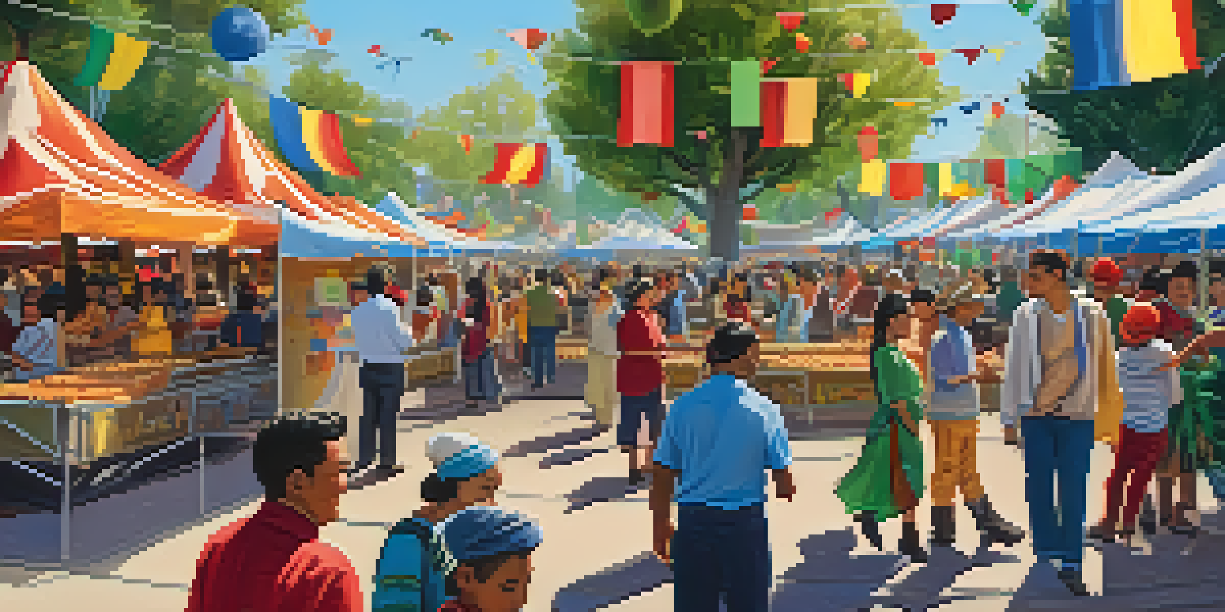 A lively cultural festival featuring diverse attendees enjoying food and traditional dances in a decorated park.