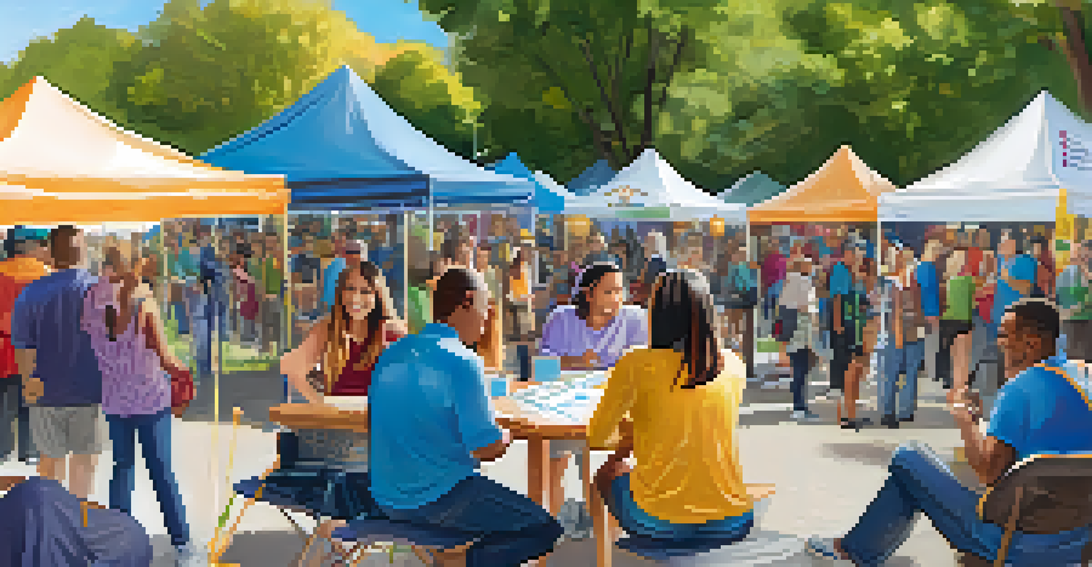 A lively community event with people gathered around an informational booth about mental health resources, with banners in the background.