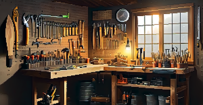 A cozy workshop with hand tools on a pegboard and a wooden workbench illuminated by warm overhead lights.