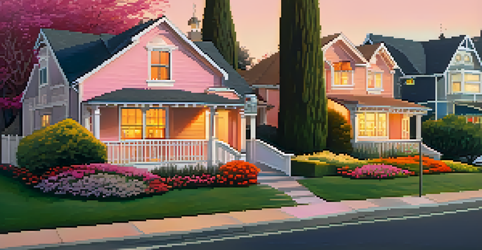 A picturesque suburban neighborhood in Redwood City at sunset, featuring charming houses and vibrant flowerbeds.