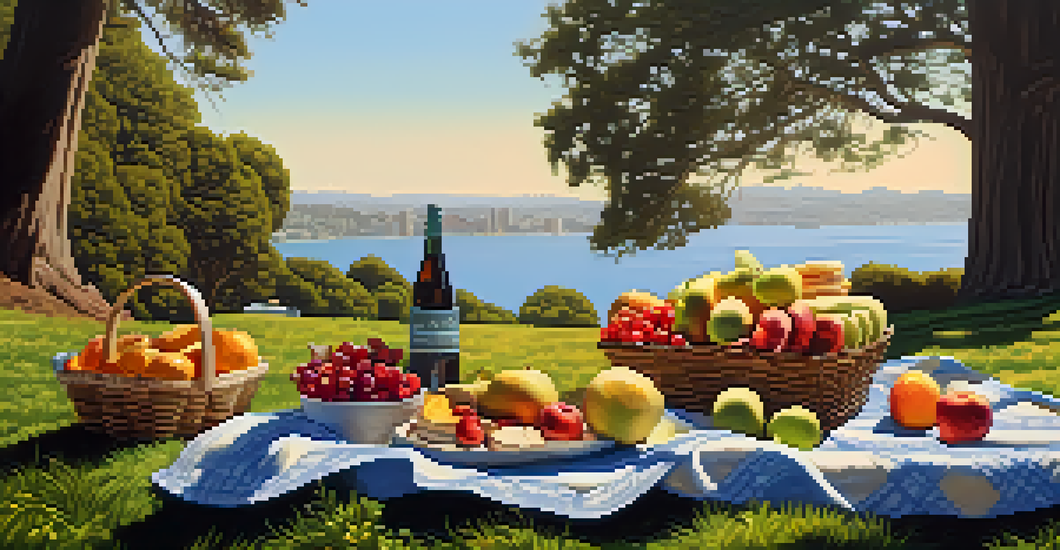 A serene picnic at Edgewood Park with a blanket and a basket surrounded by trees and a view of the Bay Area.