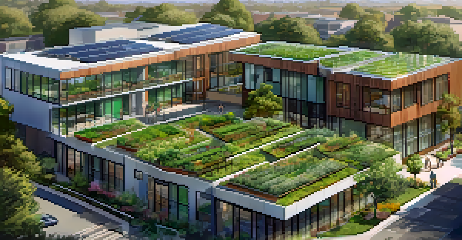 An aerial perspective of a sustainable green building with a green roof and solar panels, surrounded by gardens and people.