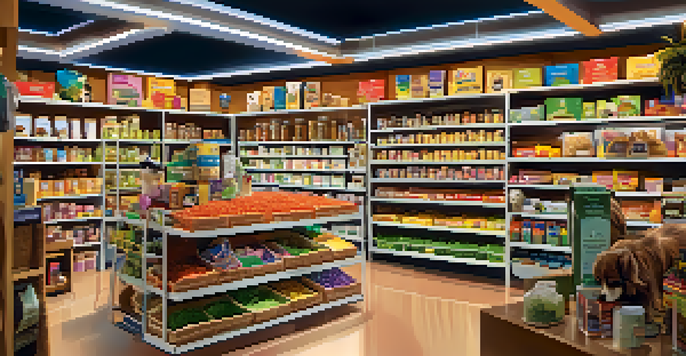 A pet supply store with colorful shelves filled with pet foods and toys, and a staff member helping a customer with a small dog.