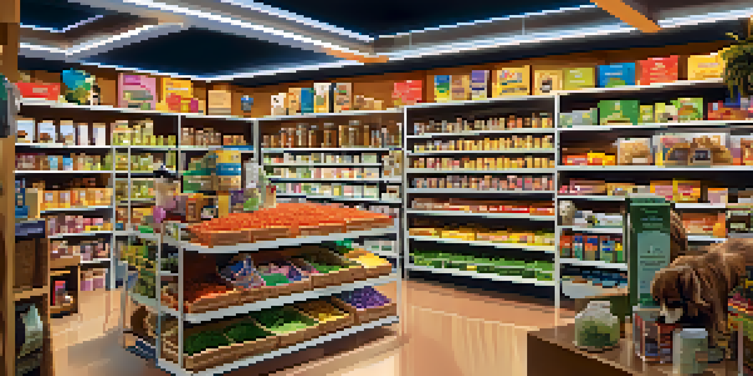 A pet supply store with colorful shelves filled with pet foods and toys, and a staff member helping a customer with a small dog.