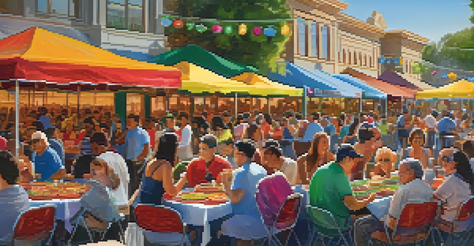 A lively outdoor festival scene featuring colorful salsa dishes and smiling attendees at the Redwood City Salsa Festival, with festive decorations.