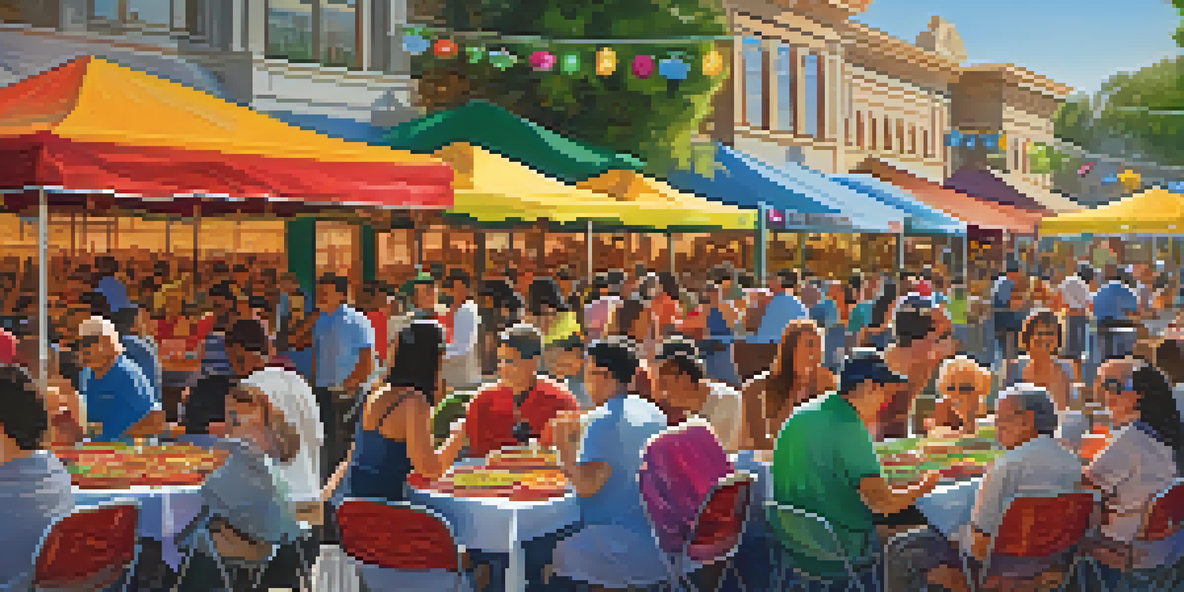 A lively outdoor festival scene featuring colorful salsa dishes and smiling attendees at the Redwood City Salsa Festival, with festive decorations.