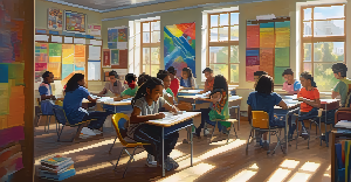 A bright and lively classroom with diverse students working together on a project, surrounded by cultural posters and sunlight.
