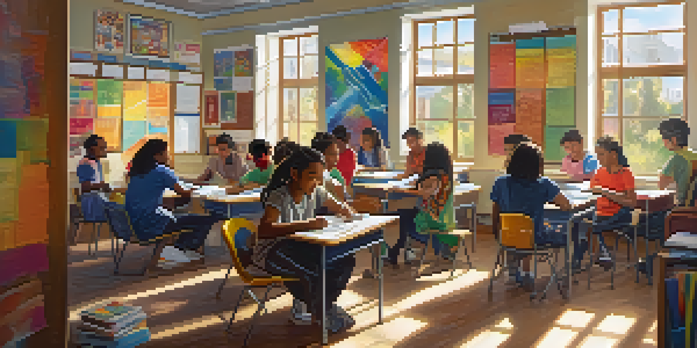 A bright and lively classroom with diverse students working together on a project, surrounded by cultural posters and sunlight.