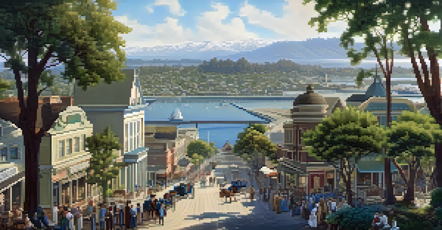 Aerial view of Redwood City showcasing infrastructure and diverse settlers during the Gold Rush.