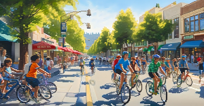 A busy bike-friendly street in Redwood City with cyclists, local shops, and green trees under a bright blue sky.
