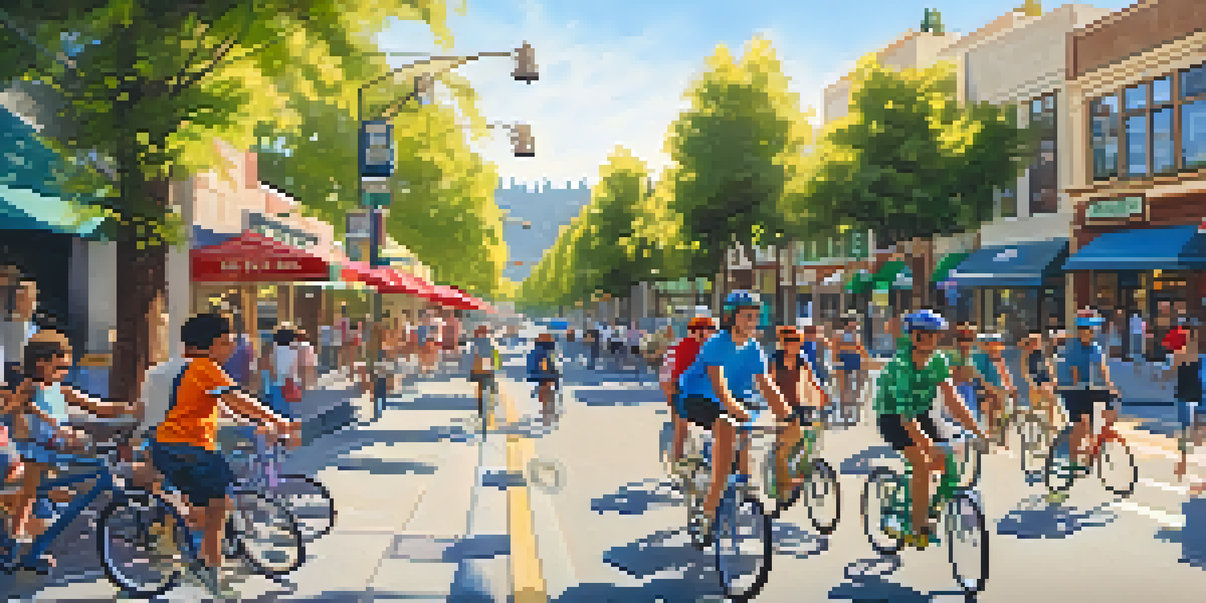 A busy bike-friendly street in Redwood City with cyclists, local shops, and green trees under a bright blue sky.