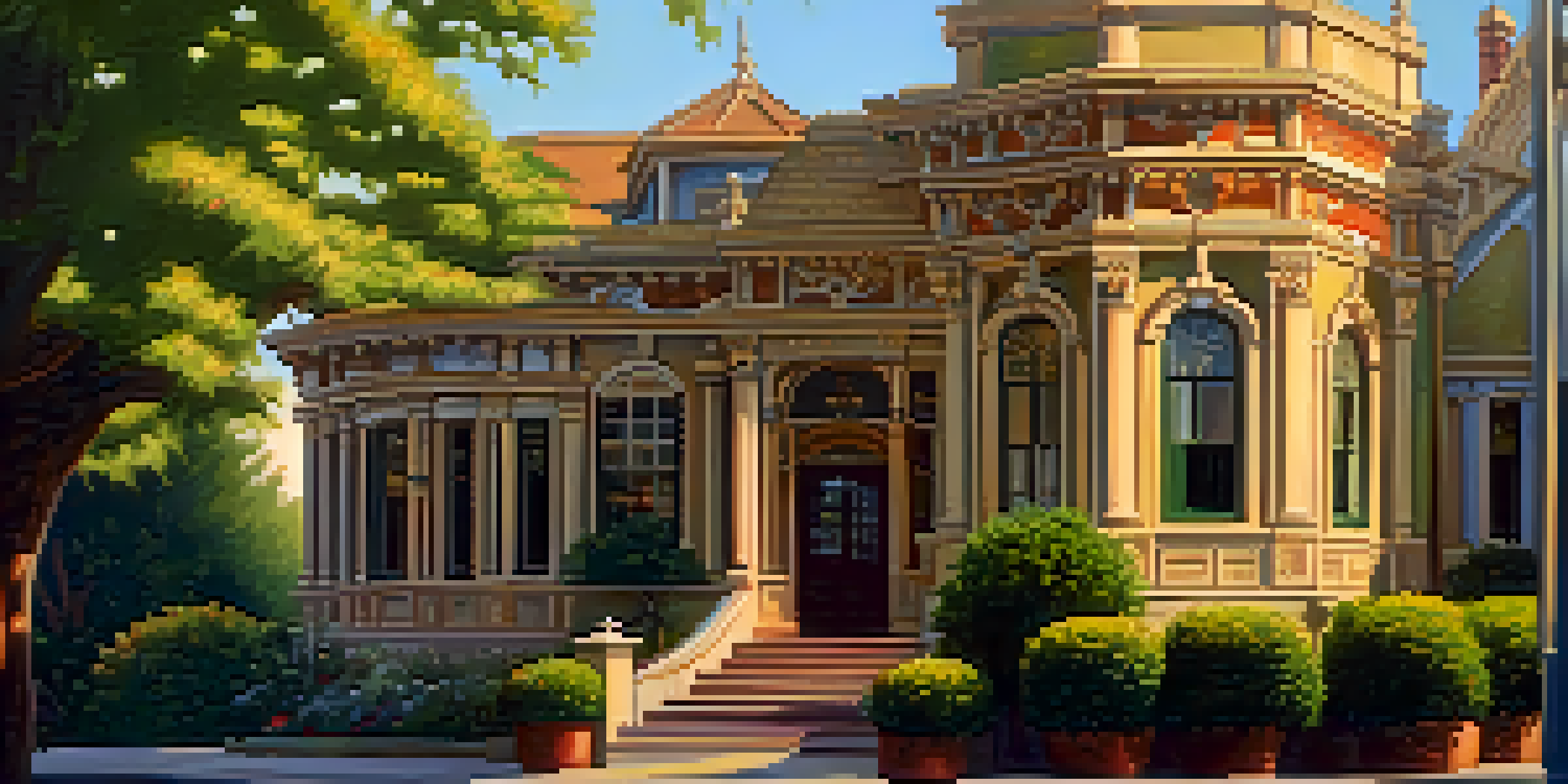 A historic building in Redwood City surrounded by flowers and trees, illuminated by golden sunlight.