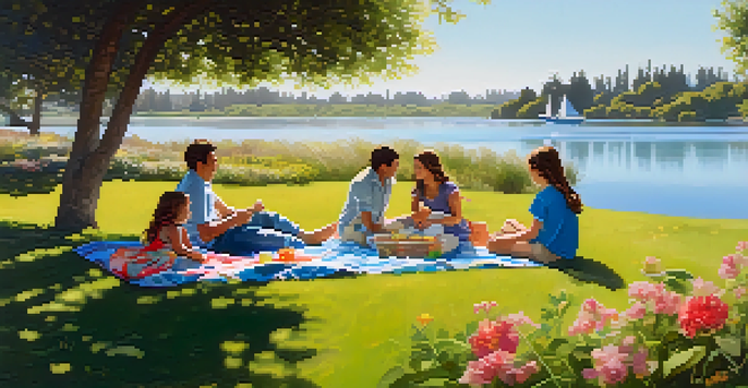 A family having a picnic at Redwood Shores Lagoon, with children playing in the background and serene waters reflecting the sky.