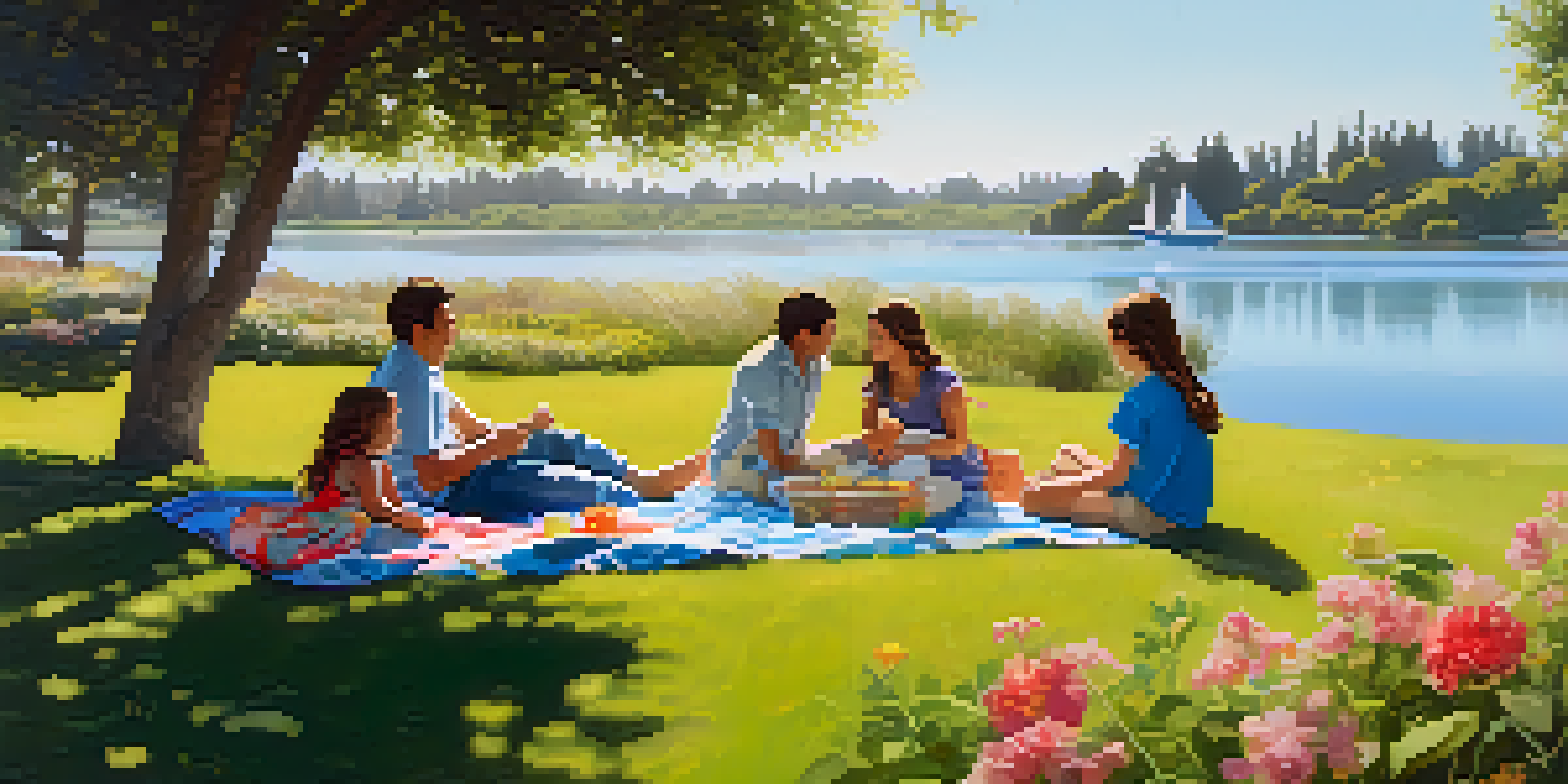 A family having a picnic at Redwood Shores Lagoon, with children playing in the background and serene waters reflecting the sky.