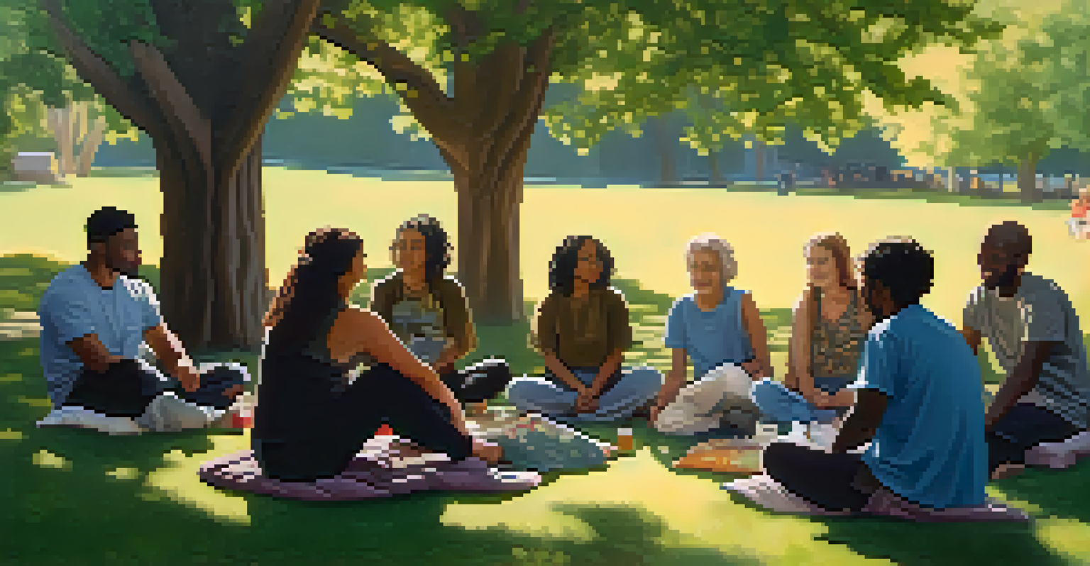 A mental health support group meeting in a park, with participants sitting in a circle surrounded by nature.