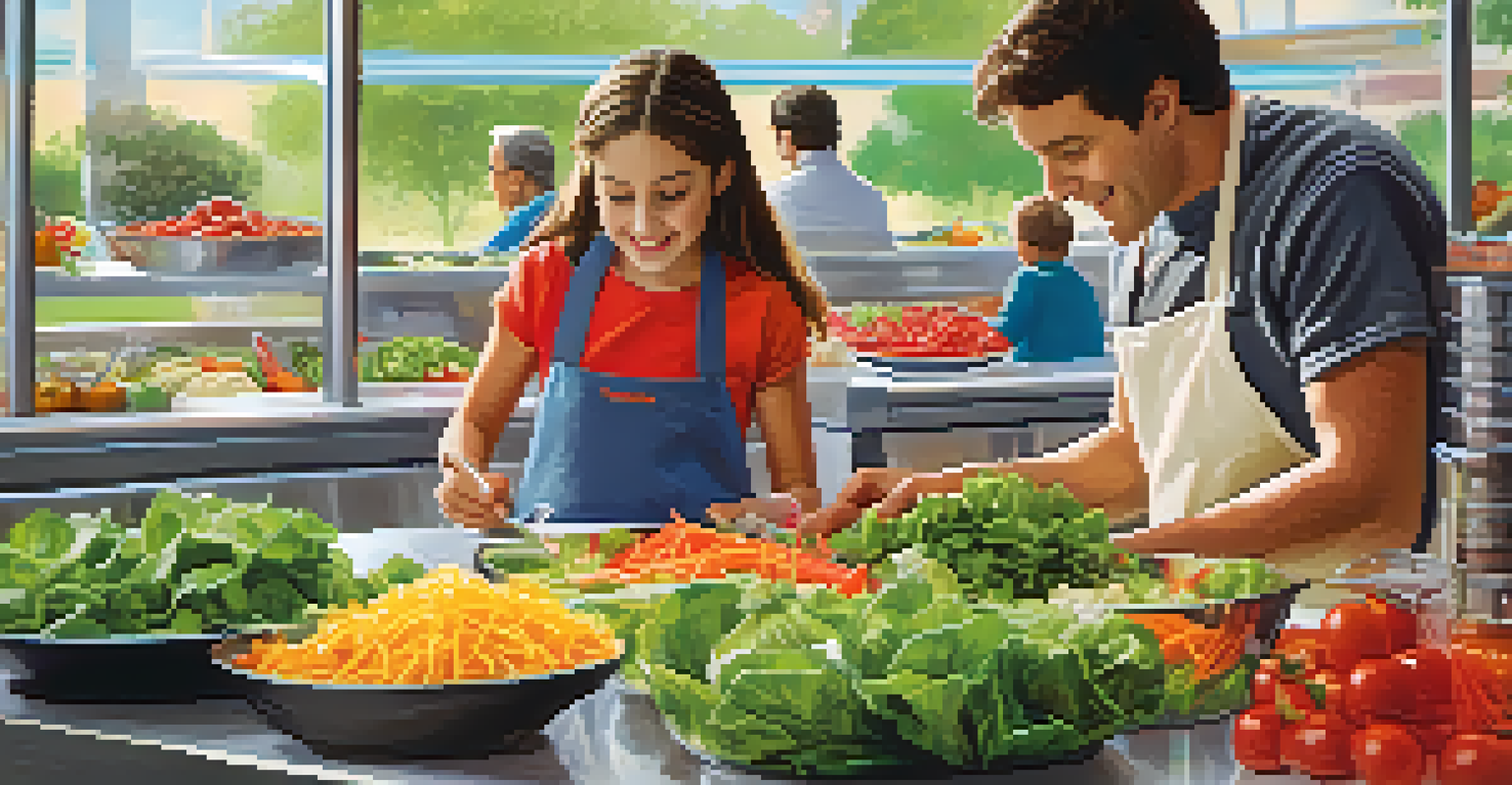 A child customizing their salad at a colorful salad bar, with fresh ingredients and toppings visible, and a parent in the background.