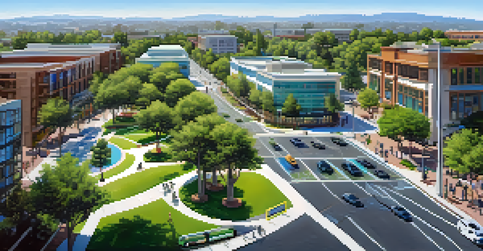 A bird's eye view of a city with self-driving shuttles, bike stations, and green parks under a blue sky.