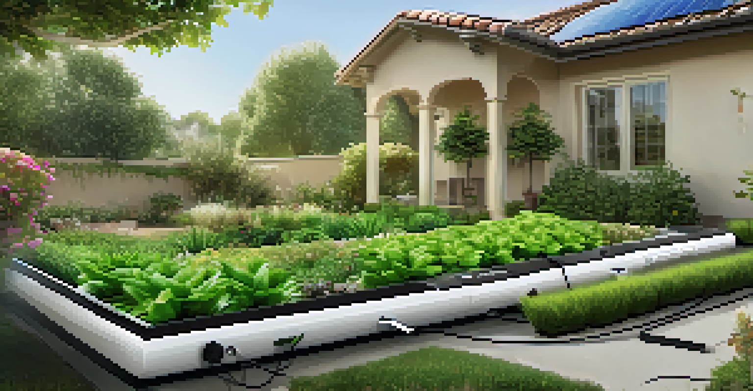 A high-tech irrigation system in a thriving garden, displaying moisture levels and automated watering.
