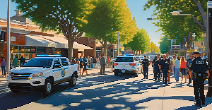 A busy street in Redwood City with people walking, trees, and surveillance cameras, depicting community engagement with law enforcement.