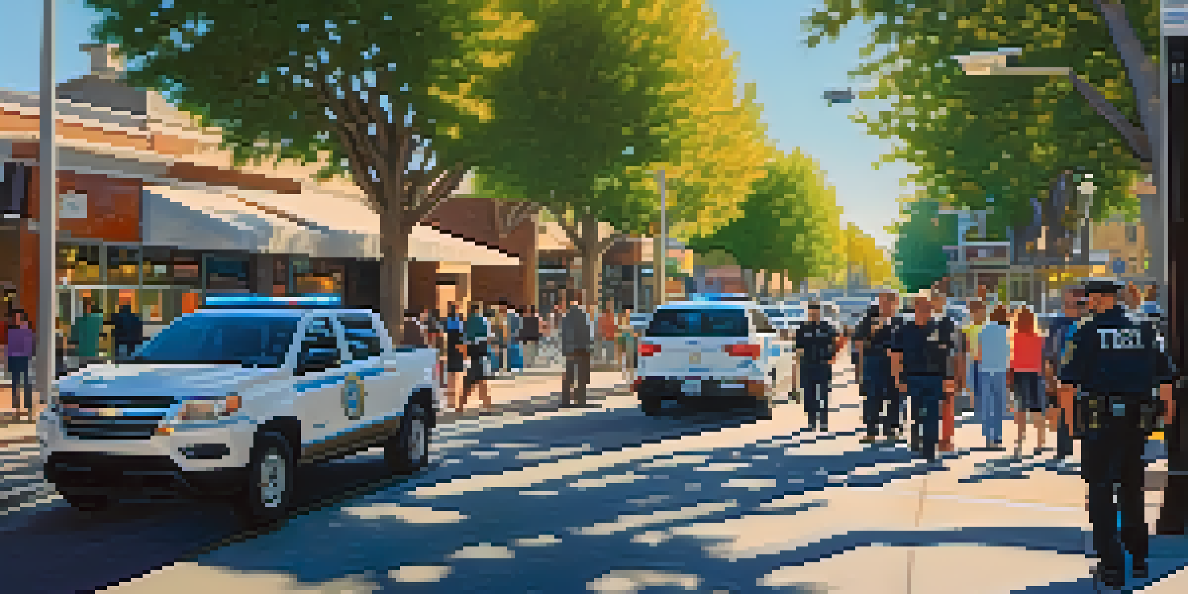 A busy street in Redwood City with people walking, trees, and surveillance cameras, depicting community engagement with law enforcement.