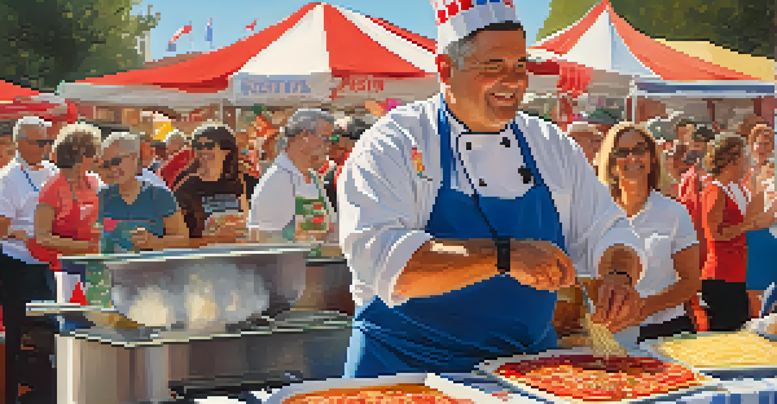 A local chef demonstrating traditional Italian cooking at the Redwood City Italian Festival, with festival-goers observing and colorful decorations in the background.