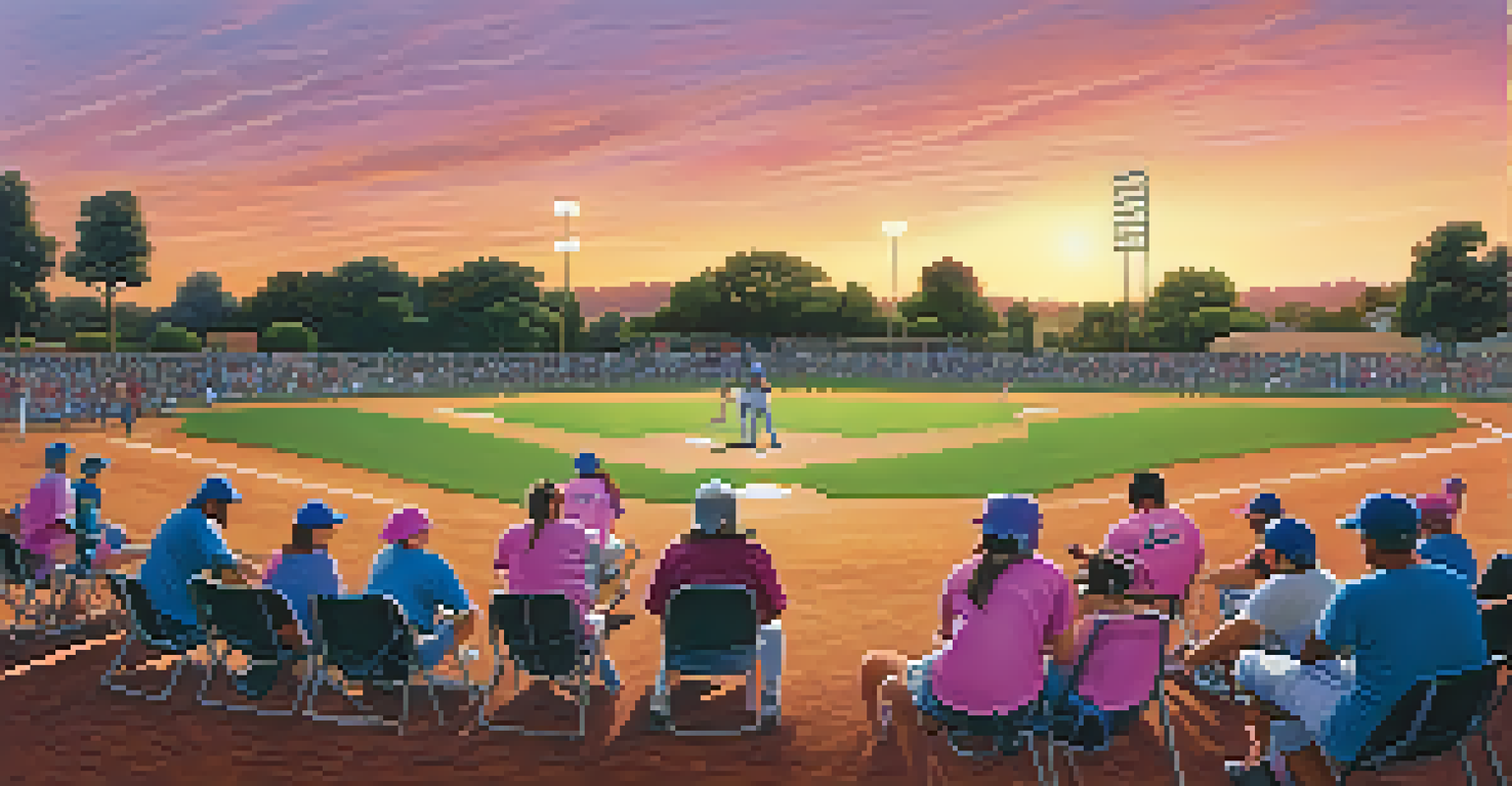 Adults playing softball at sunset, with spectators watching and a colorful sky in the background.