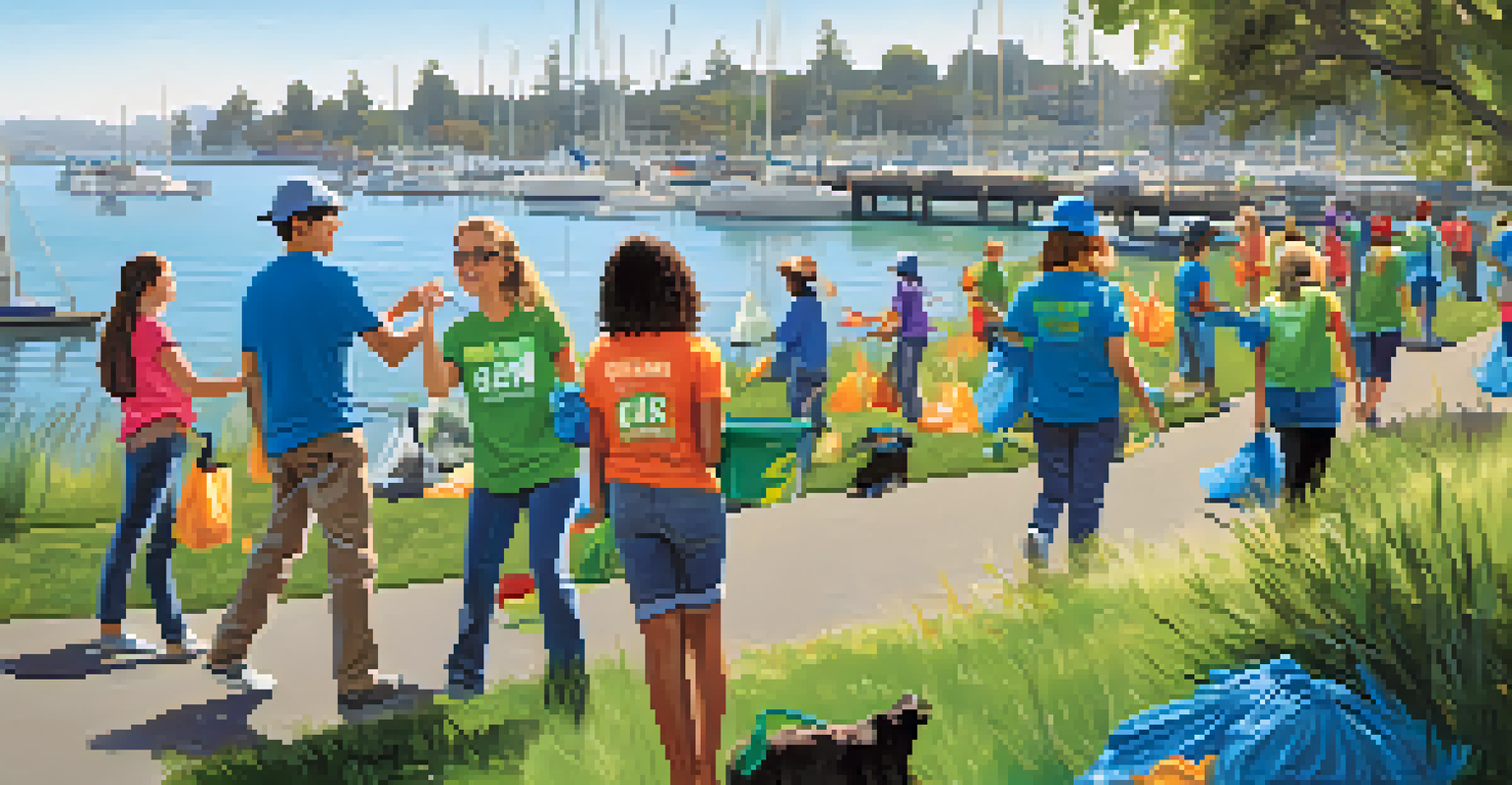 Volunteers participating in a clean-up event along the waterfront in Redwood City, surrounded by greenery.