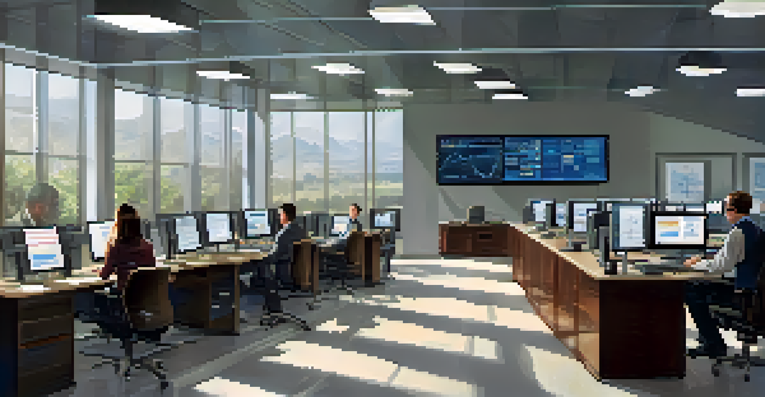 An interior of a local government office with officials analyzing data on large screens, surrounded by modern technology and natural light from large windows.