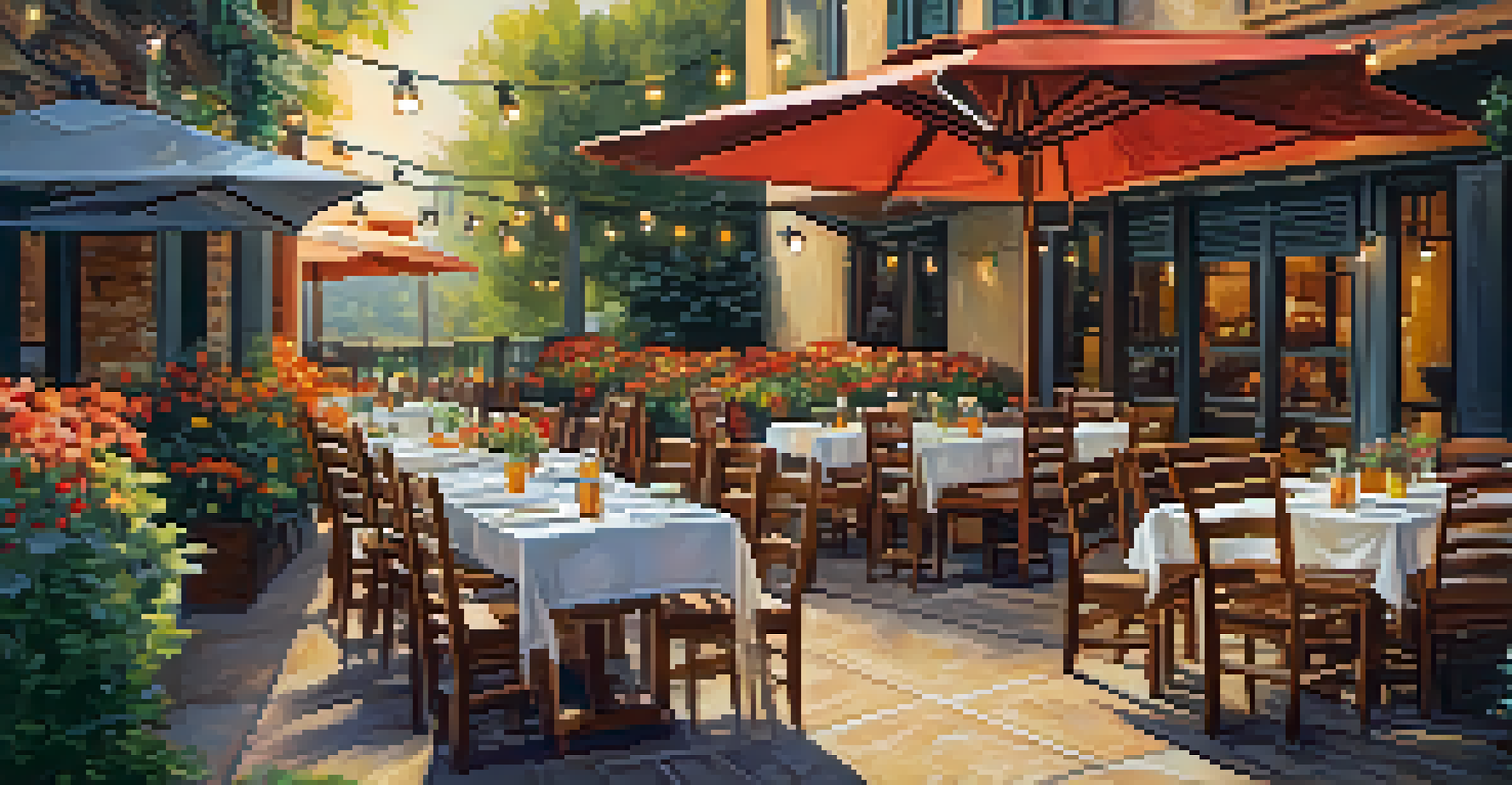 A charming outdoor patio with Italian dishes served on a wooden table, surrounded by flowers and string lights.