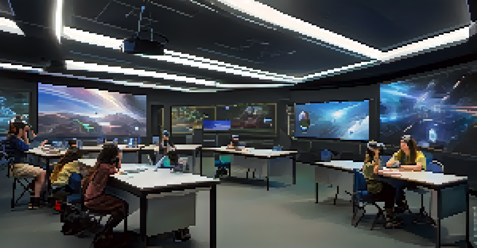 Students in a virtual reality classroom exploring different subjects with VR headsets.