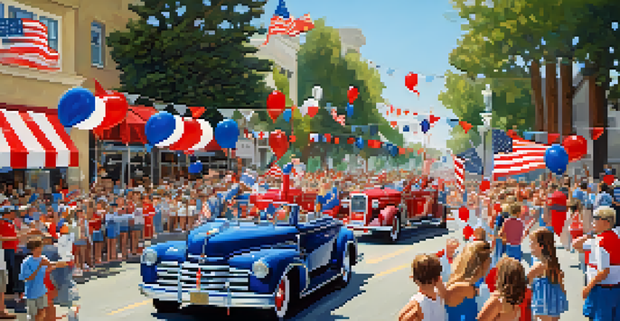 A colorful Fourth of July parade showcasing floats and families celebrating with flags and balloons.
