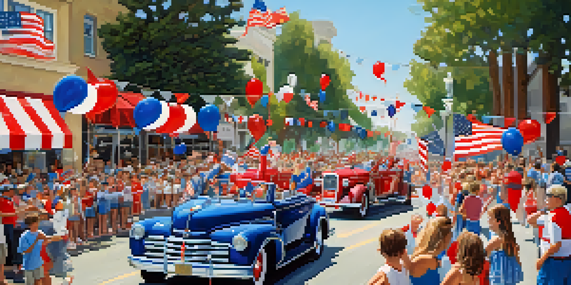 A colorful Fourth of July parade showcasing floats and families celebrating with flags and balloons.