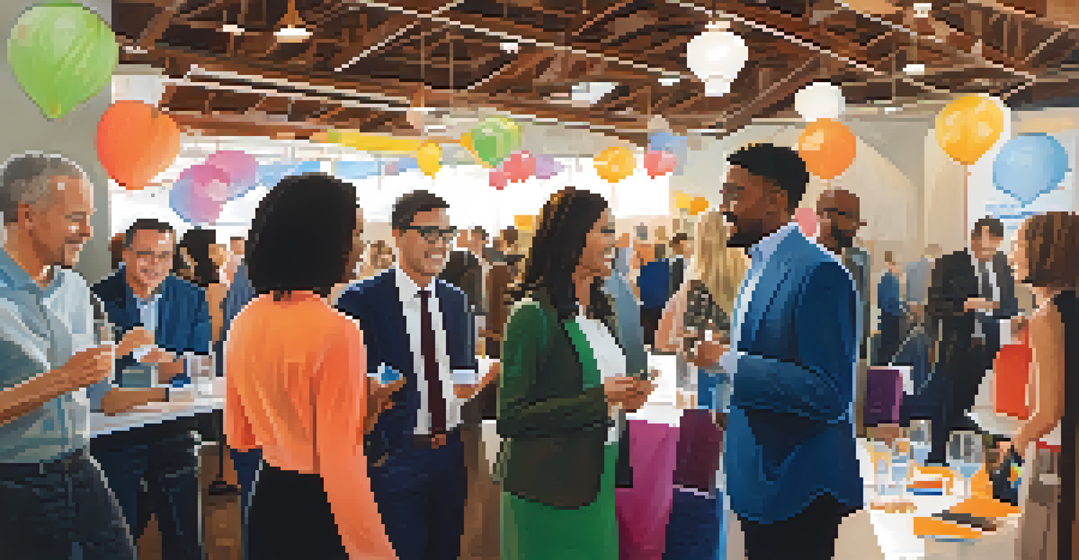 A close-up of a networking event with diverse entrepreneurs talking and exchanging business cards in a vibrant setting.