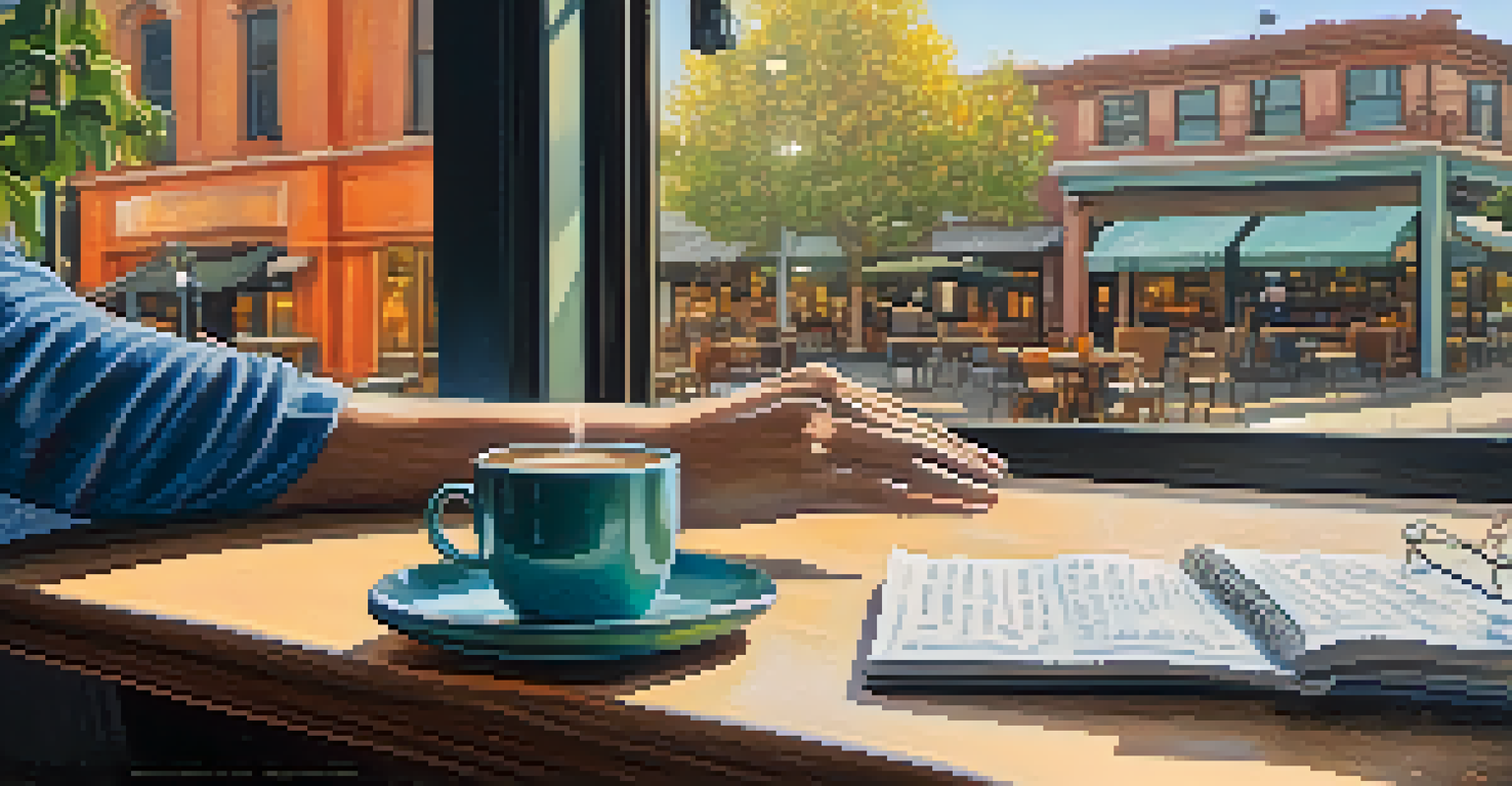 Close-up of hands typing on a laptop in a cozy coffee shop with a view of Redwood City outside.