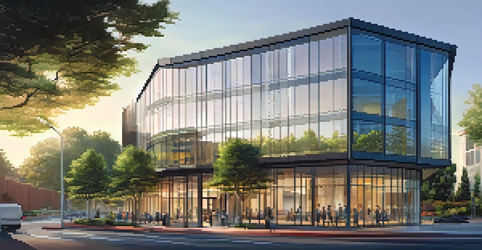 A modern office building with glass architecture surrounded by greenery, professionals working outside during sunset.