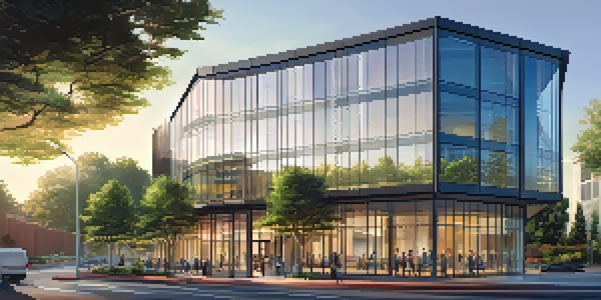 A modern office building with glass architecture surrounded by greenery, professionals working outside during sunset.