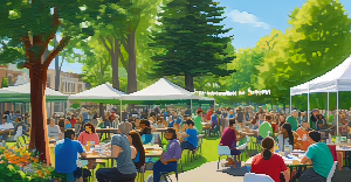 A community workshop in a park with residents discussing sustainability, surrounded by trees and flowers.